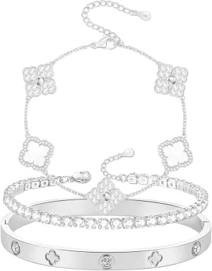 Lucky Four Leaf Bracelets Set - Silver Plated Cubic Zirconia Bangle for Women