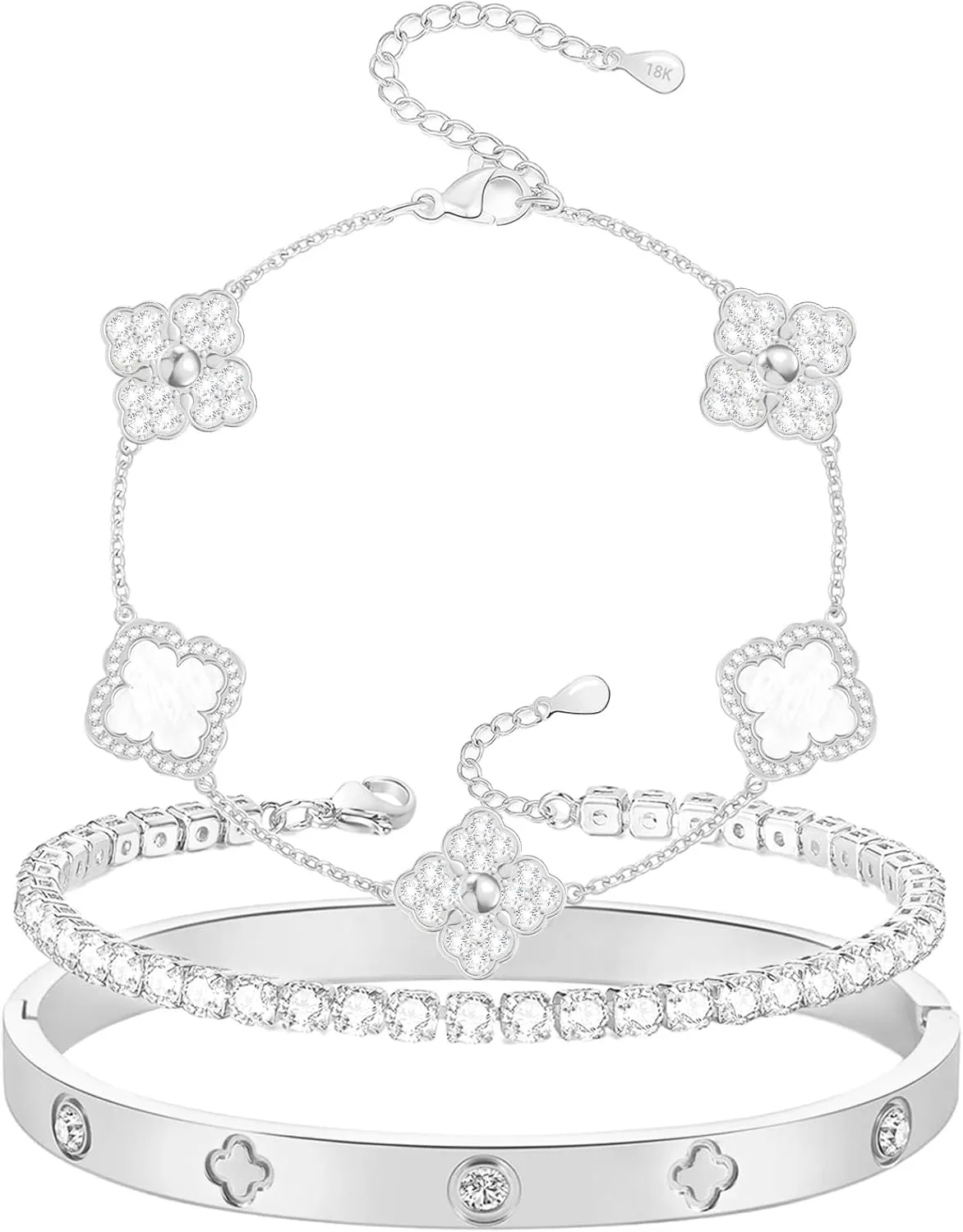 Lucky Four Leaf Bracelets Set - Silver Plated Cubic Zirconia Bangle for Women