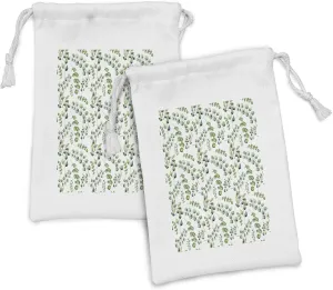 Lunarable Eucalyptus Fabric Pouch Set of 2, Watercolor Art Flourishing Leaves Hand Painted Blooming Branches Spring Season, Small Drawstring Bag for Toiletries Masks and Favors, 9" x 6", Multicolor