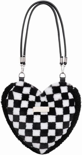 LUOZZY Lattice Pattern Plush Tote Bag Fashion Shoulder Bag Women Cross Body Bag for - Black and White Checkered