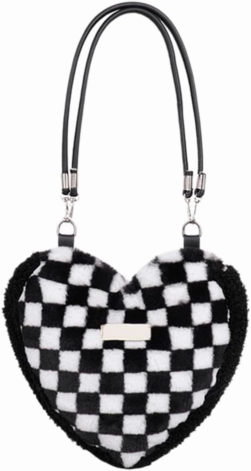 LUOZZY Lattice Pattern Plush Tote Bag Fashion Shoulder Bag Women Cross Body Bag for - Black and White Checkered