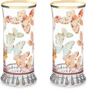 MACKENZIE-CHILDS Highball Glasses, Tall Drinking Glasses with Gold Rims, 15 Ounces, Set of 2, Butterfly Hill
