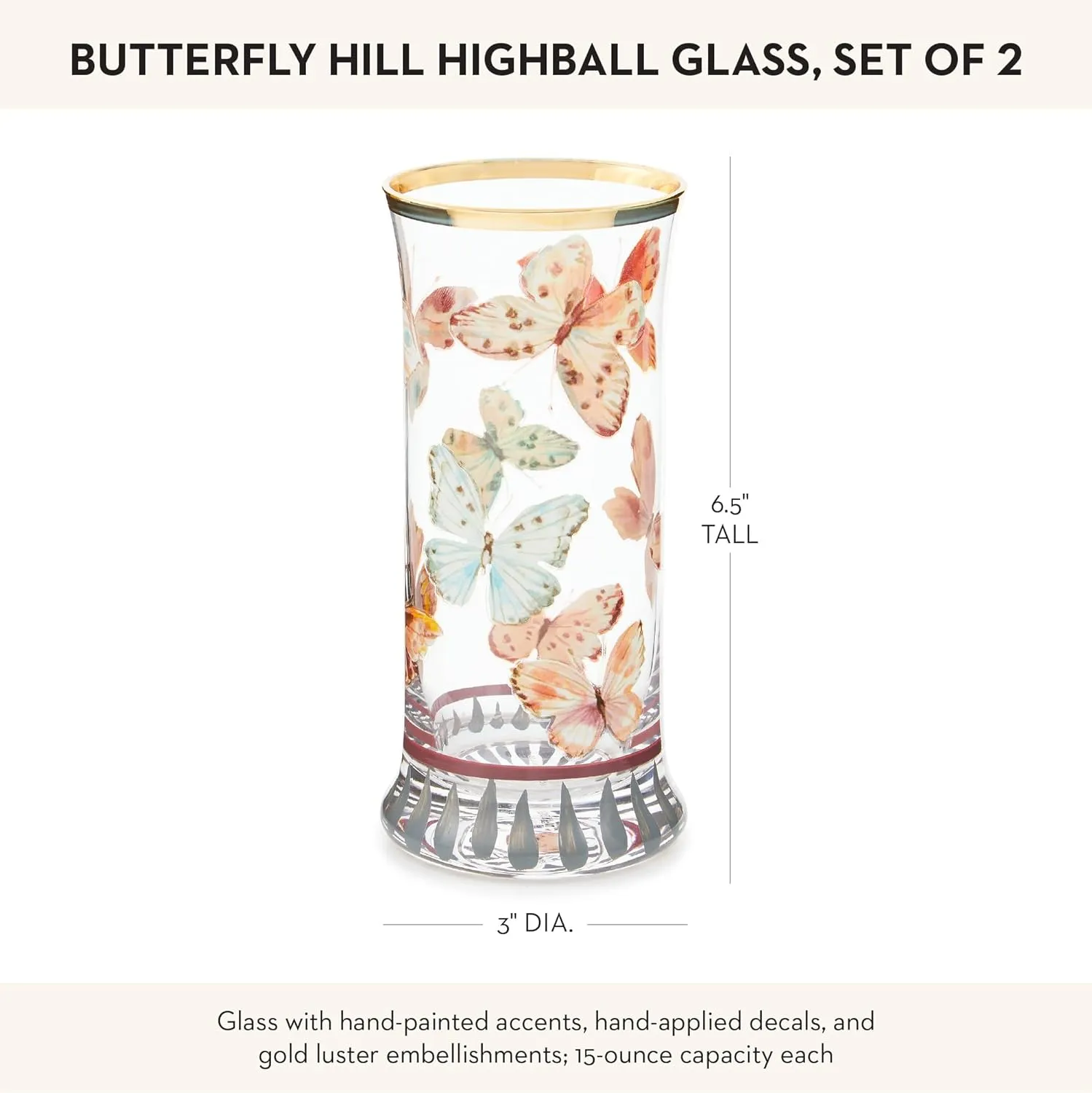 MACKENZIE-CHILDS Highball Glasses, Tall Drinking Glasses with Gold Rims, 15 Ounces, Set of 2, Butterfly Hill