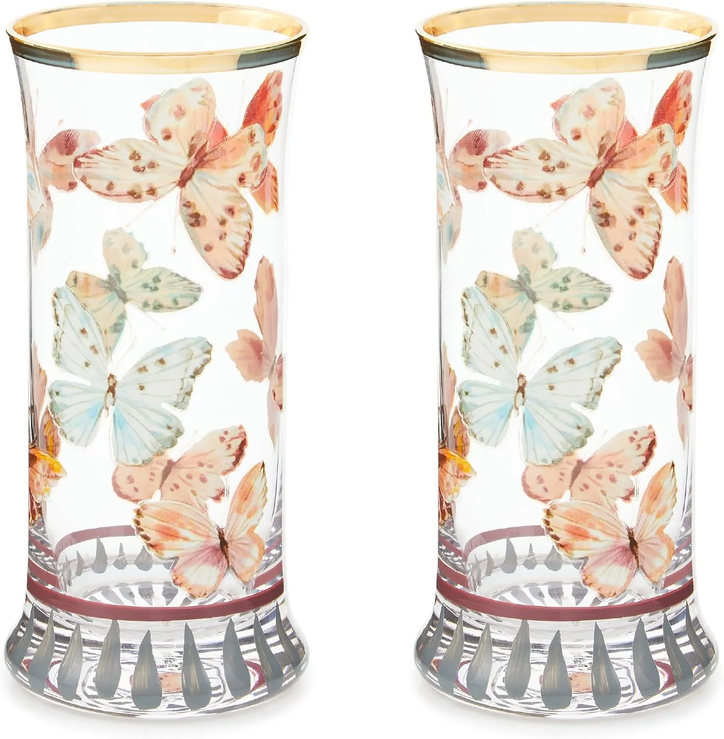 MACKENZIE-CHILDS Highball Glasses, Tall Drinking Glasses with Gold Rims, 15 Ounces, Set of 2, Butterfly Hill