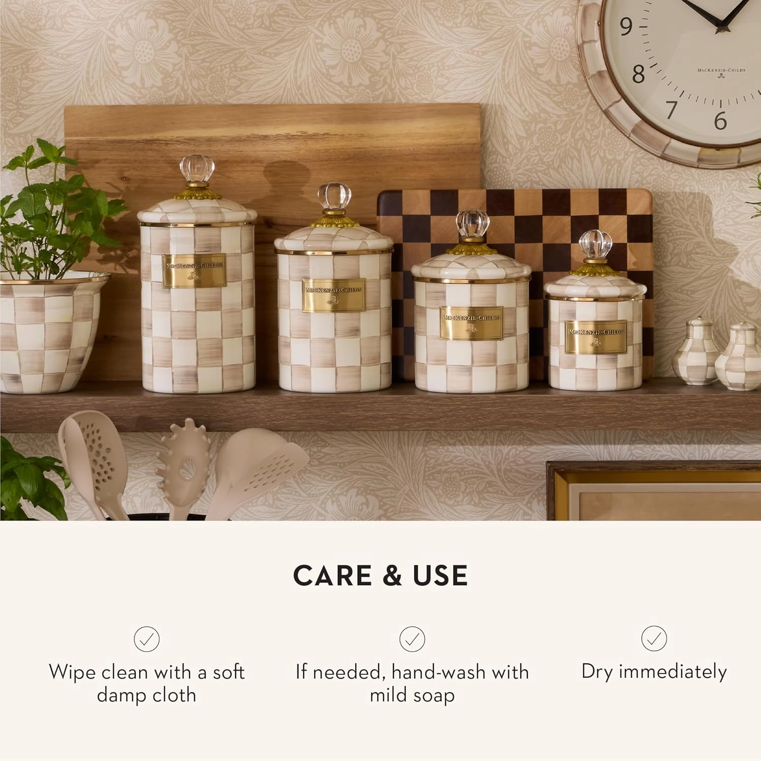 MACKENZIE-CHILDS Large Enamel Canister, Kitchen Storage Container with Lid, Brown-and-White Mocha Check