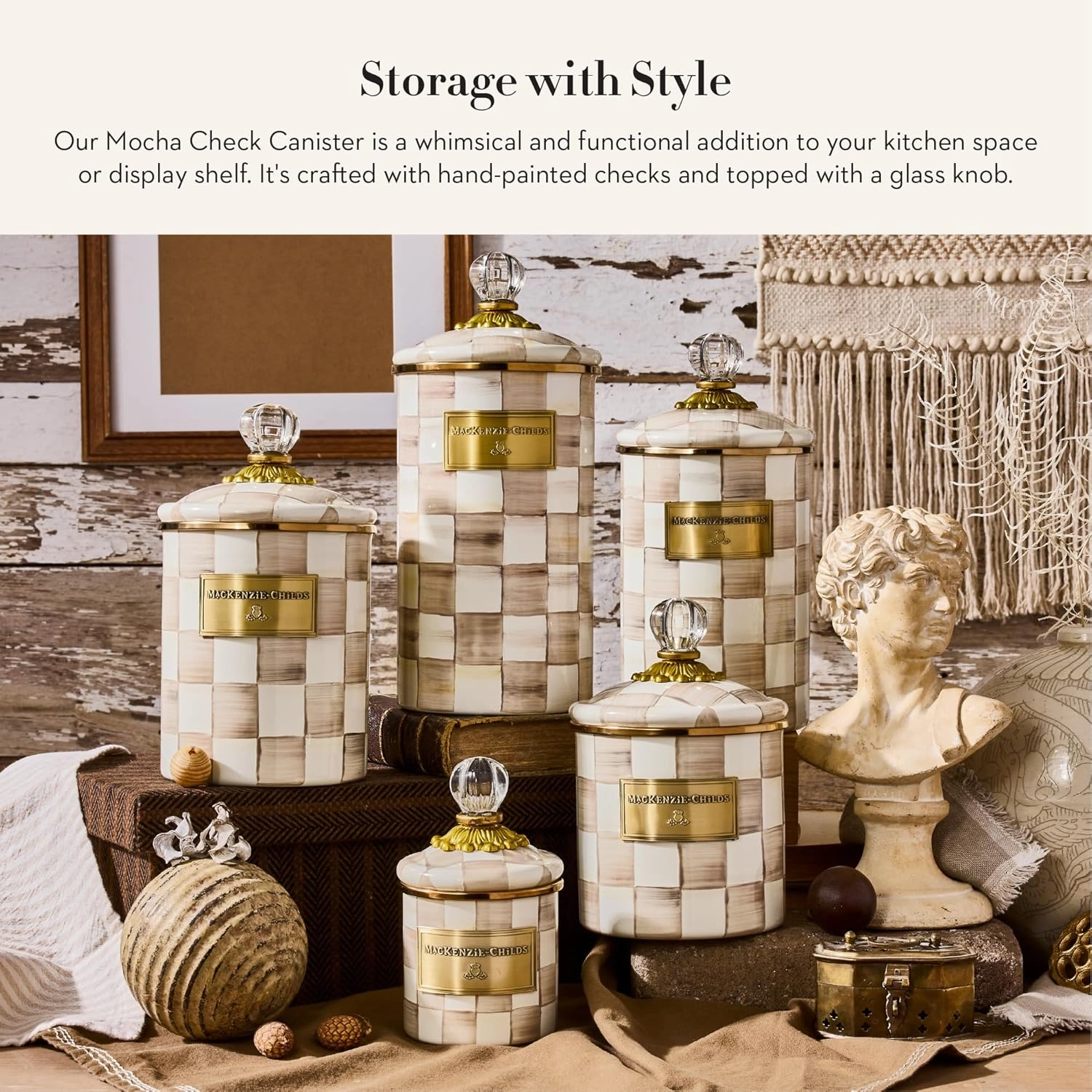 MACKENZIE-CHILDS Large Enamel Canister, Kitchen Storage Container with Lid, Brown-and-White Mocha Check