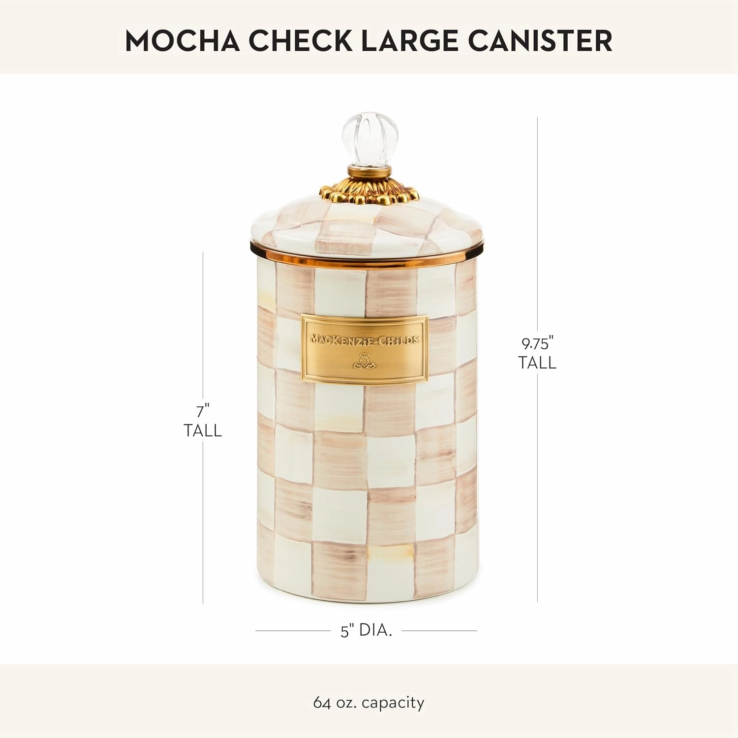 MACKENZIE-CHILDS Large Enamel Canister, Kitchen Storage Container with Lid, Brown-and-White Mocha Check