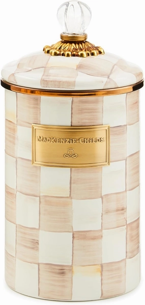 MACKENZIE-CHILDS Large Enamel Canister, Kitchen Storage Container with Lid, Brown-and-White Mocha Check