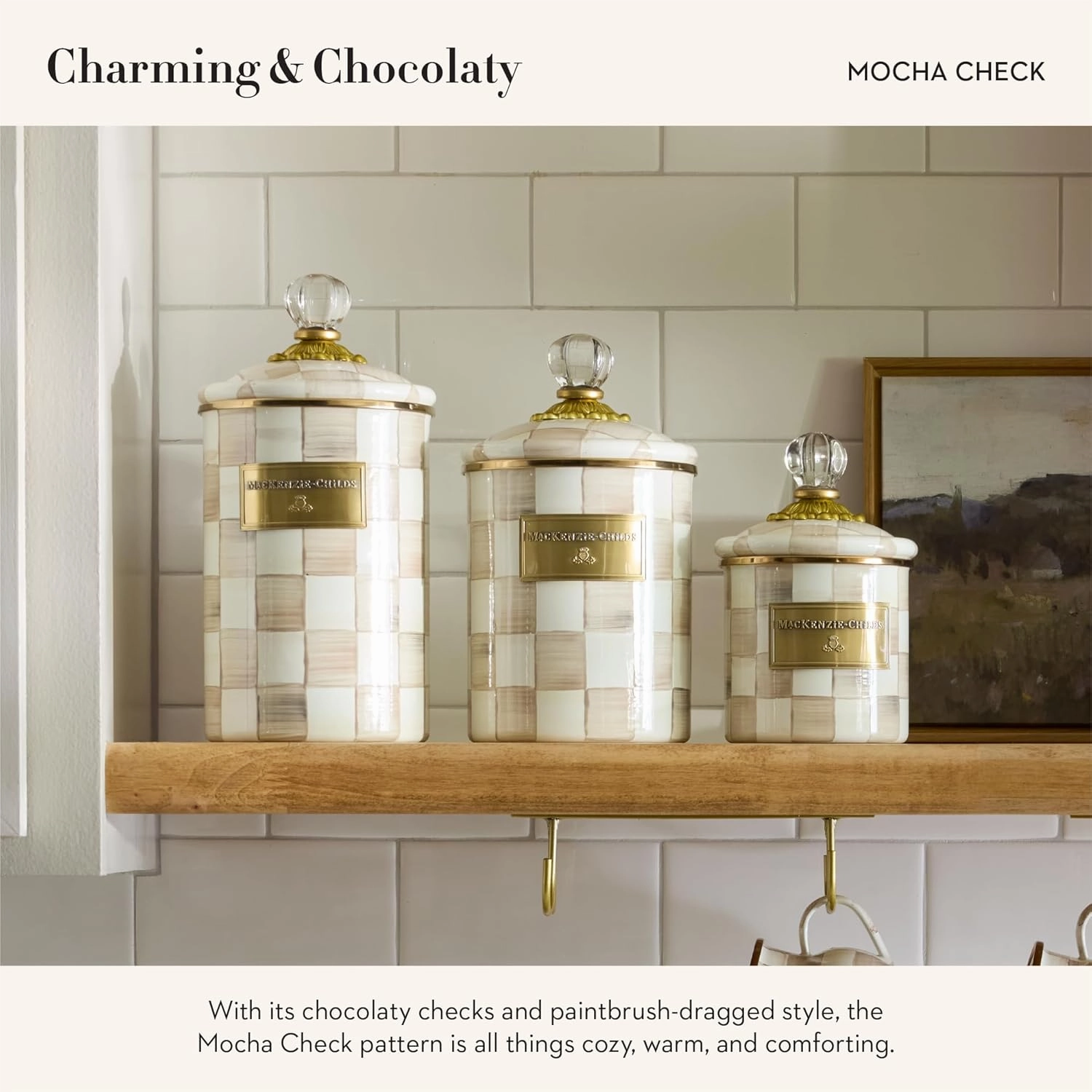 MACKENZIE-CHILDS Large Enamel Canister, Kitchen Storage Container with Lid, Brown-and-White Mocha Check