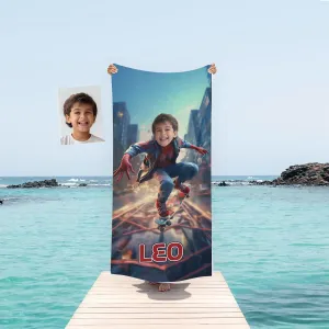 Made in USA Personalized Beach Towel – Custom Photo & Name Cotton Towel   Skateboarding City Hero Theme for Kids & Adults – Soft, Quick-Dry, Absorbent for Boys