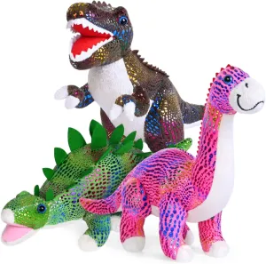 Madzee Plush Dinosaur Stuffed Animal Set of 3 Soft Dinosaurs, 10" Stuffed Dinosaur Set Includes T-Rex Brachiosaurus Stegosaurus