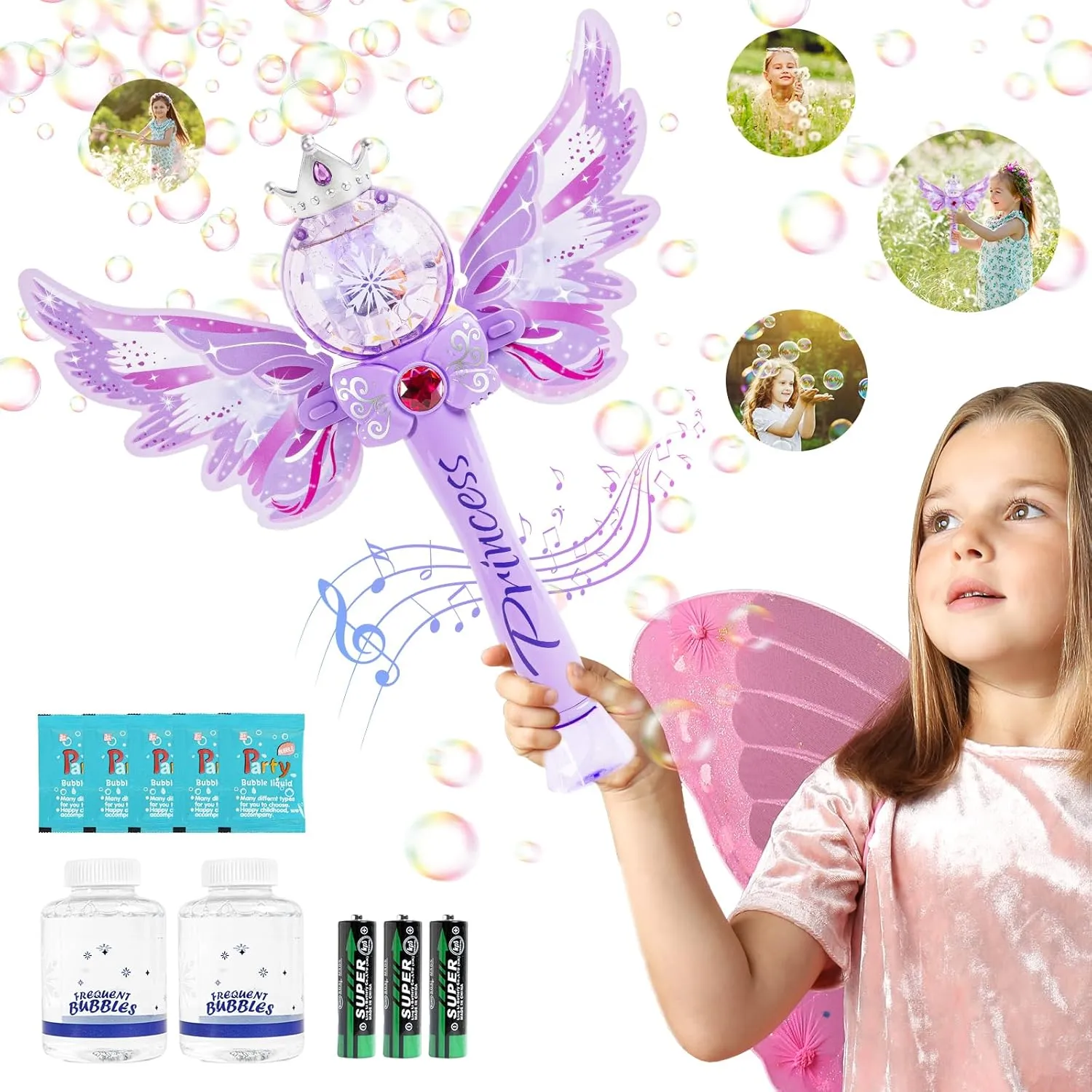 Magic Princess Bubble Wand Maker for Kids, Light Up & Musical Automatic Bubble Machine & Bubble Blower,Birthday Party Gift for 3 4 5 6 7 8 Year Old Girls,Outdoor Bubble Toy for Toddlers.(Light Purple)