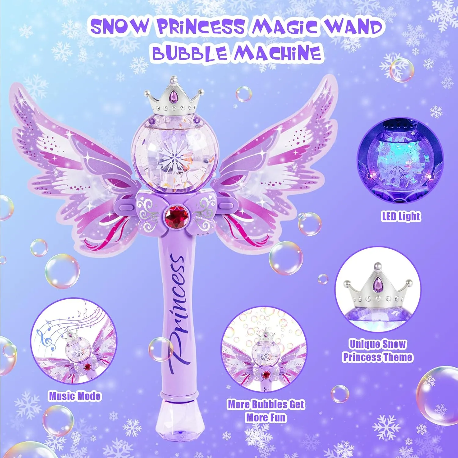 Magic Princess Bubble Wand Maker for Kids, Light Up & Musical Automatic Bubble Machine & Bubble Blower,Birthday Party Gift for 3 4 5 6 7 8 Year Old Girls,Outdoor Bubble Toy for Toddlers.(Light Purple)