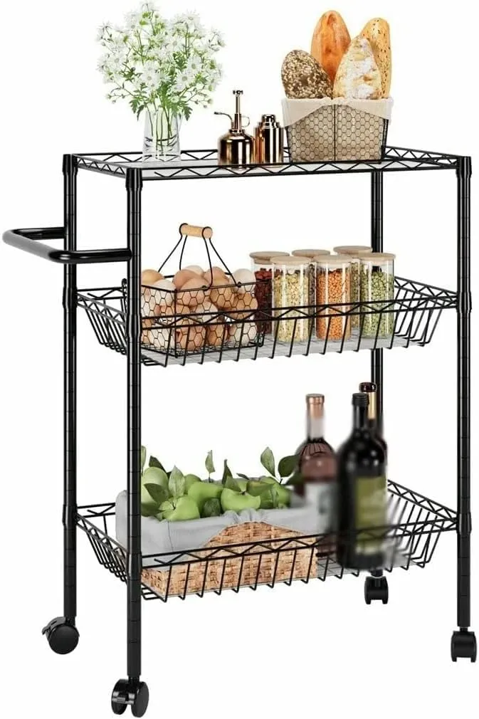 MaGiLL 3 Tier Kitchen Trolley Rolling Storage Cart Serving Trolley with Handle Black Iron Bathroom Shelf