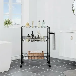 MaGiLL 3 Tier Kitchen Trolley Rolling Storage Cart Serving Trolley with Handle Black Iron Bathroom Shelf