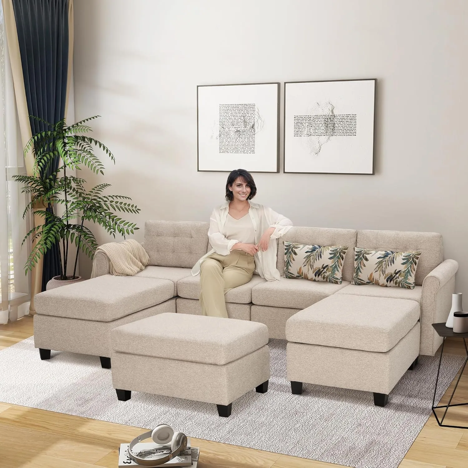 MAISON ARTS Modular Sofa Sectional Convertible 3 Seater L Shaped Couch with 1 Movable Ottomans & Washable Linen Fabric, Comfy Sleeper Sofa Bed for Small Spaces, Living Room, Office, Beige