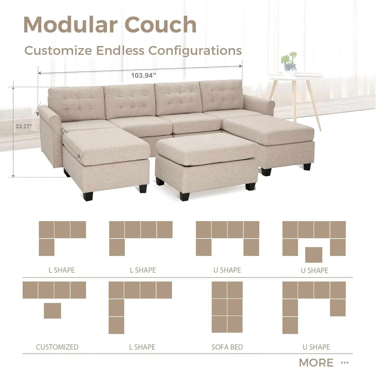 MAISON ARTS Modular Sofa Sectional Convertible 3 Seater L Shaped Couch with 1 Movable Ottomans & Washable Linen Fabric, Comfy Sleeper Sofa Bed for Small Spaces, Living Room, Office, Beige