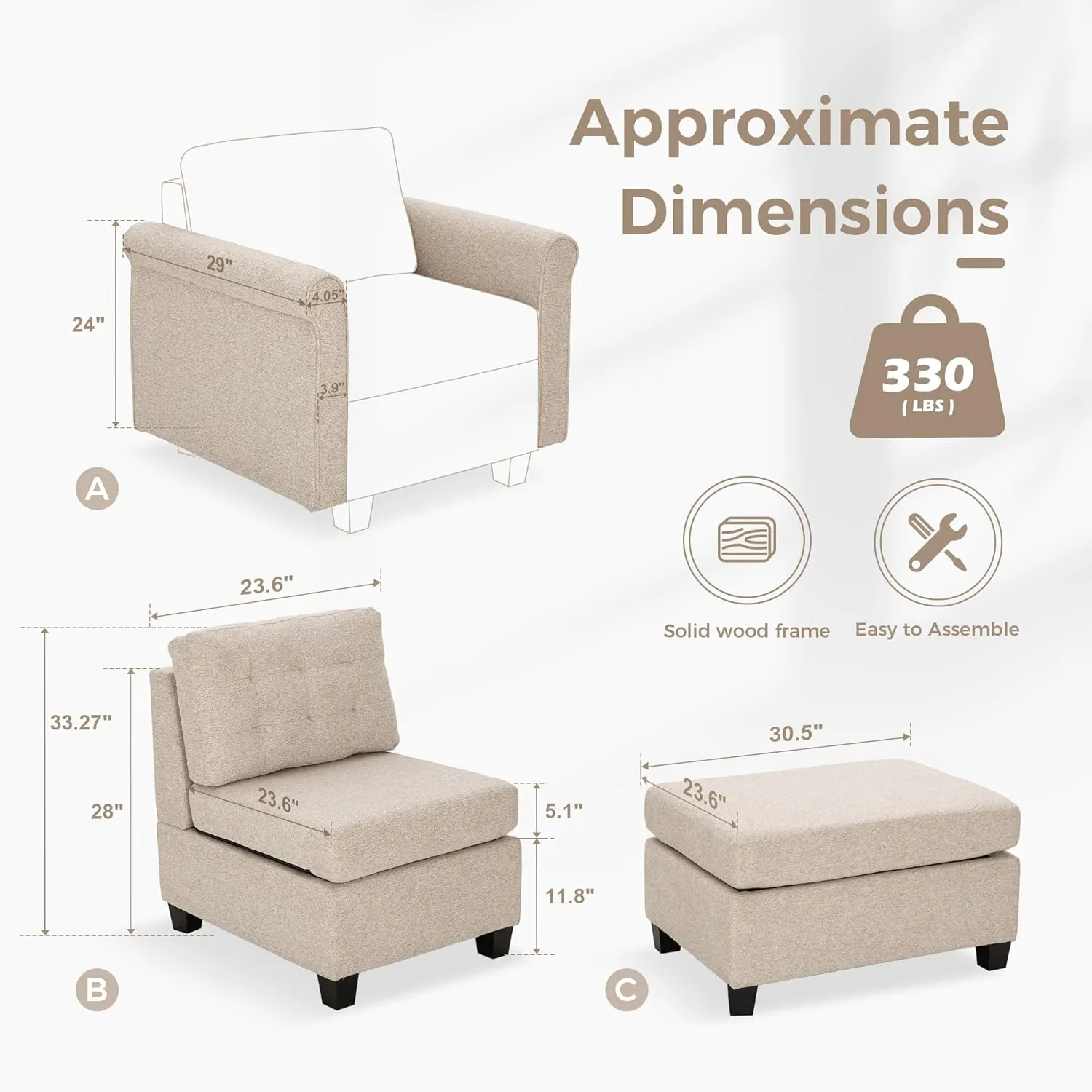MAISON ARTS Modular Sofa Sectional Convertible 3 Seater L Shaped Couch with 1 Movable Ottomans & Washable Linen Fabric, Comfy Sleeper Sofa Bed for Small Spaces, Living Room, Office, Beige