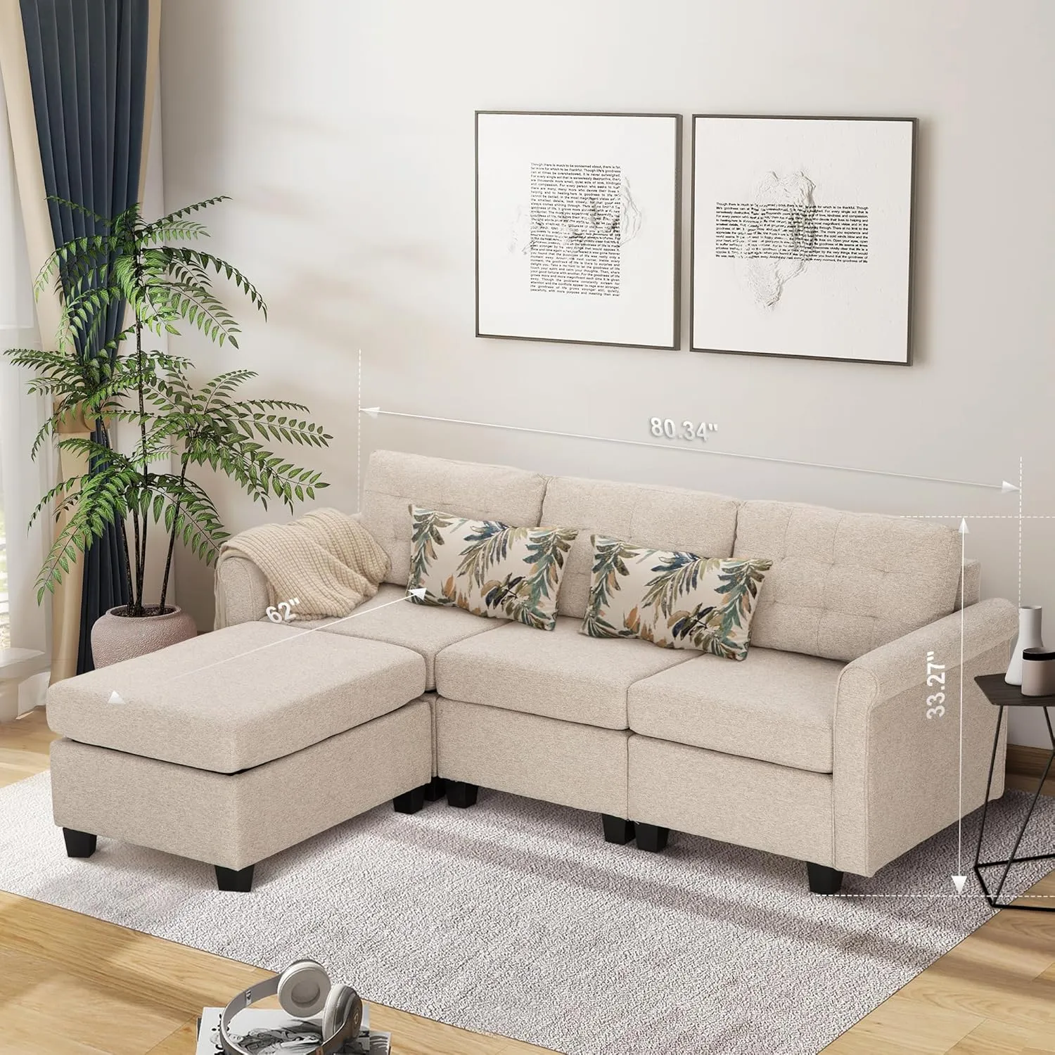 MAISON ARTS Modular Sofa Sectional Convertible 3 Seater L Shaped Couch with 1 Movable Ottomans & Washable Linen Fabric, Comfy Sleeper Sofa Bed for Small Spaces, Living Room, Office, Beige