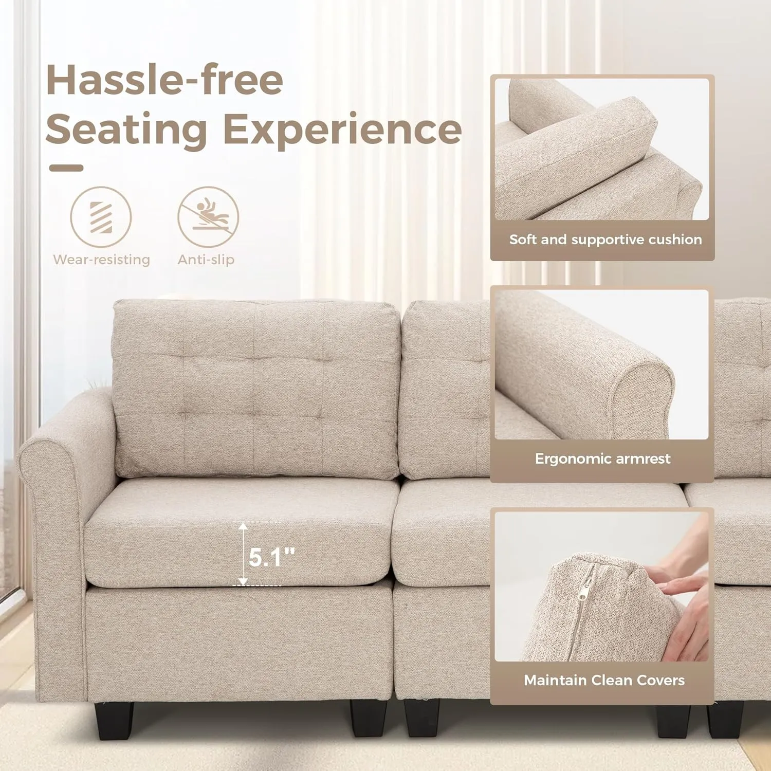 MAISON ARTS Modular Sofa Sectional Convertible 3 Seater L Shaped Couch with 1 Movable Ottomans & Washable Linen Fabric, Comfy Sleeper Sofa Bed for Small Spaces, Living Room, Office, Beige