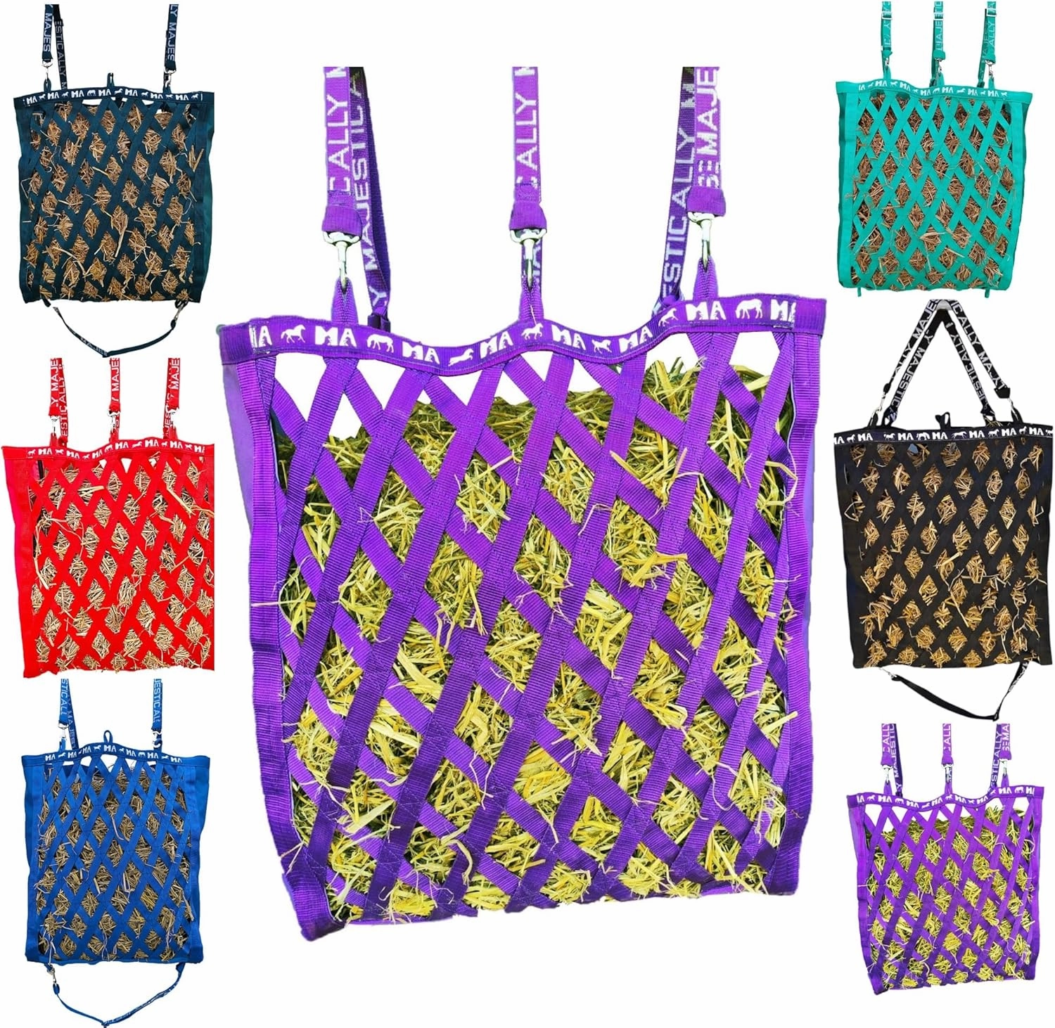 Majestic Ally Double Side Open Slow Feeder Hay Bag - Diamond Shaped Obliquely Placed Webbing (Purple)