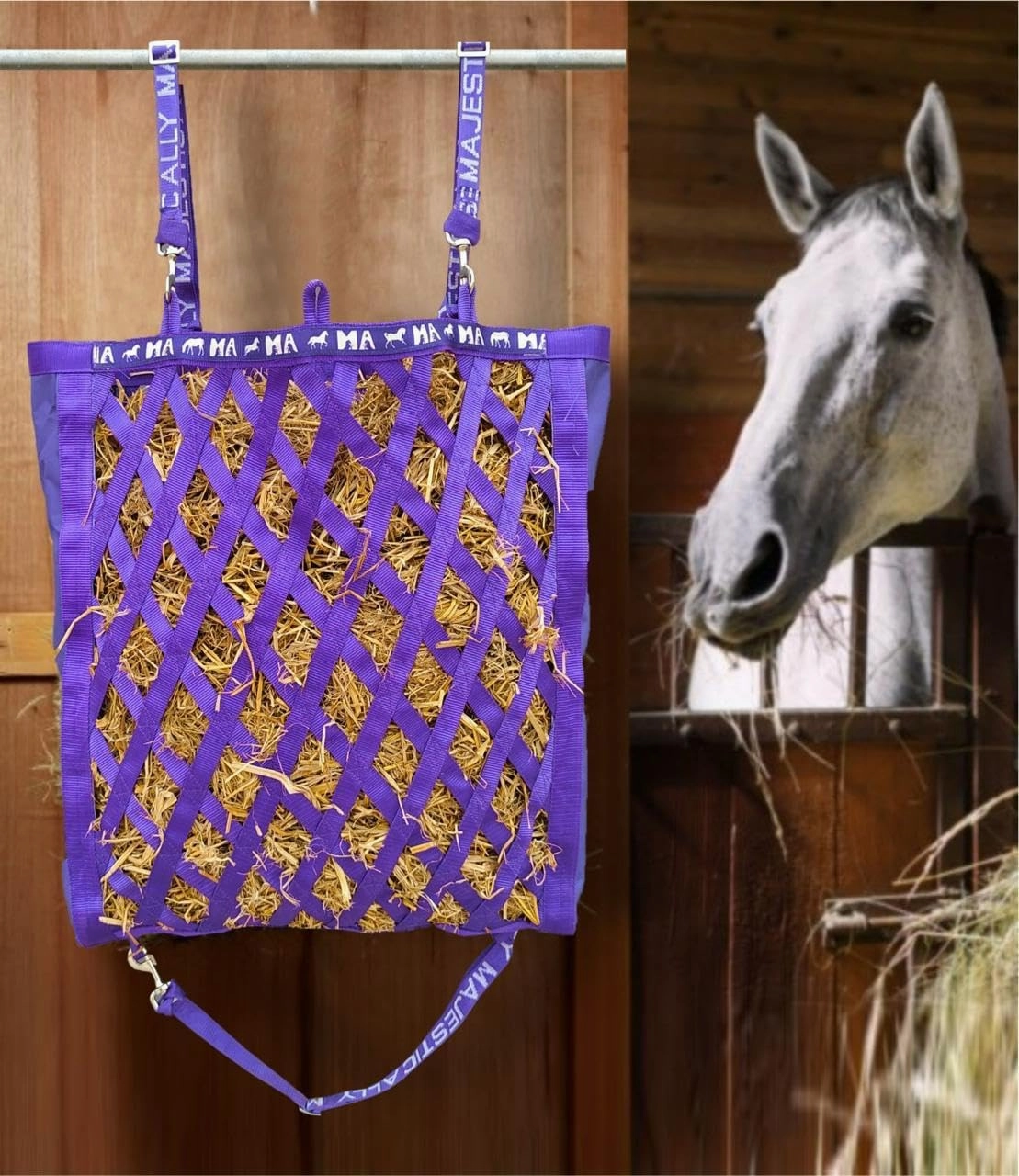 Majestic Ally Double Side Open Slow Feeder Hay Bag - Diamond Shaped Obliquely Placed Webbing (Purple)