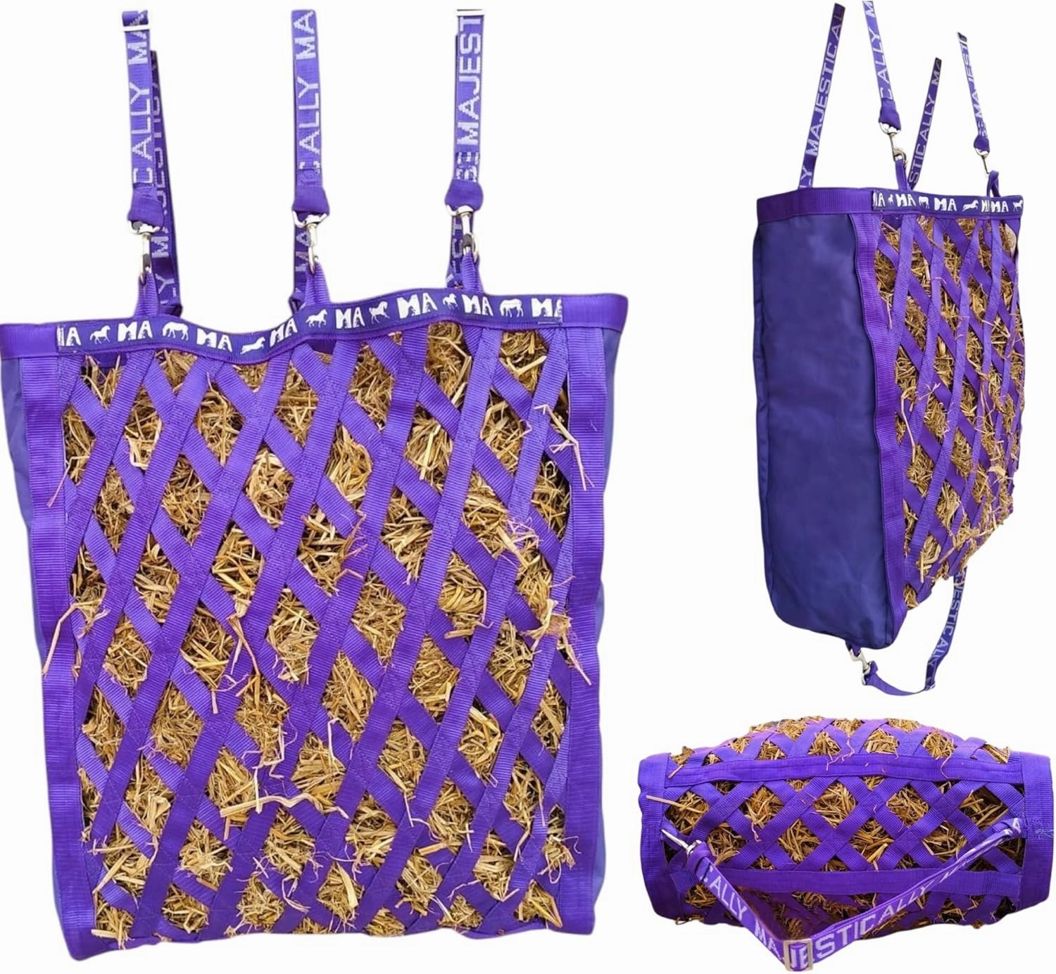 Majestic Ally Double Side Open Slow Feeder Hay Bag - Diamond Shaped Obliquely Placed Webbing (Purple)