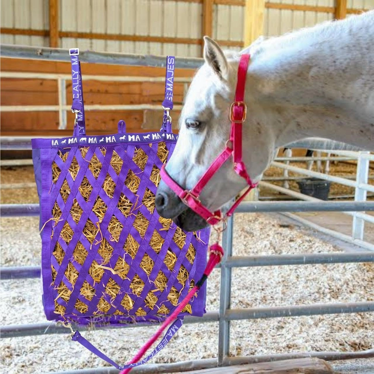 Majestic Ally Double Side Open Slow Feeder Hay Bag - Diamond Shaped Obliquely Placed Webbing (Purple)