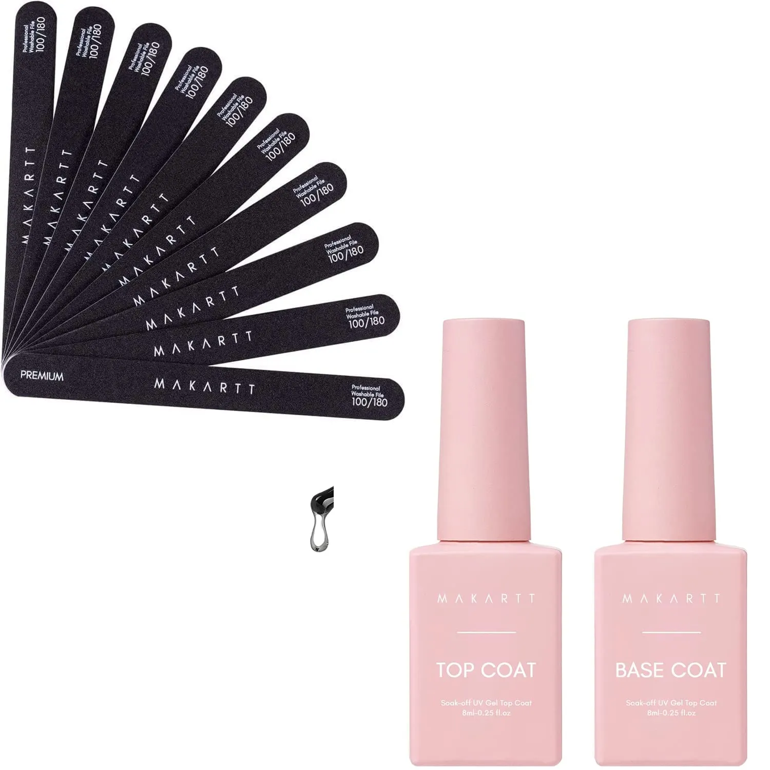 Makartt Nail File 100 180 Grit Emery Boards for Nails Bundle with No Wipe Top Coat and Base Coat Kit, Clear Gloss Shiny Stain Resistant General Gel Top Coat