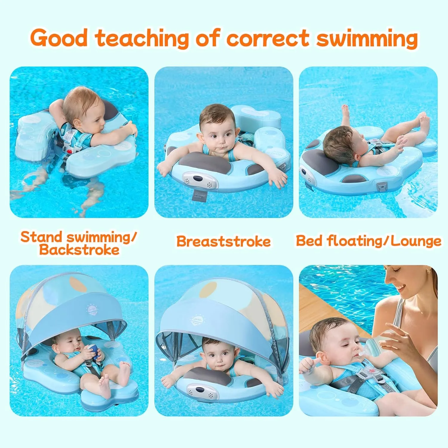 Mambobaby Float with Canopy and Tail New Upgraded Non-Inflatable Baby Pool Float Mambo Float Swim Trainer Solid Infant Swim Float Adjustable Pearl Foam Baby Swim Ring
