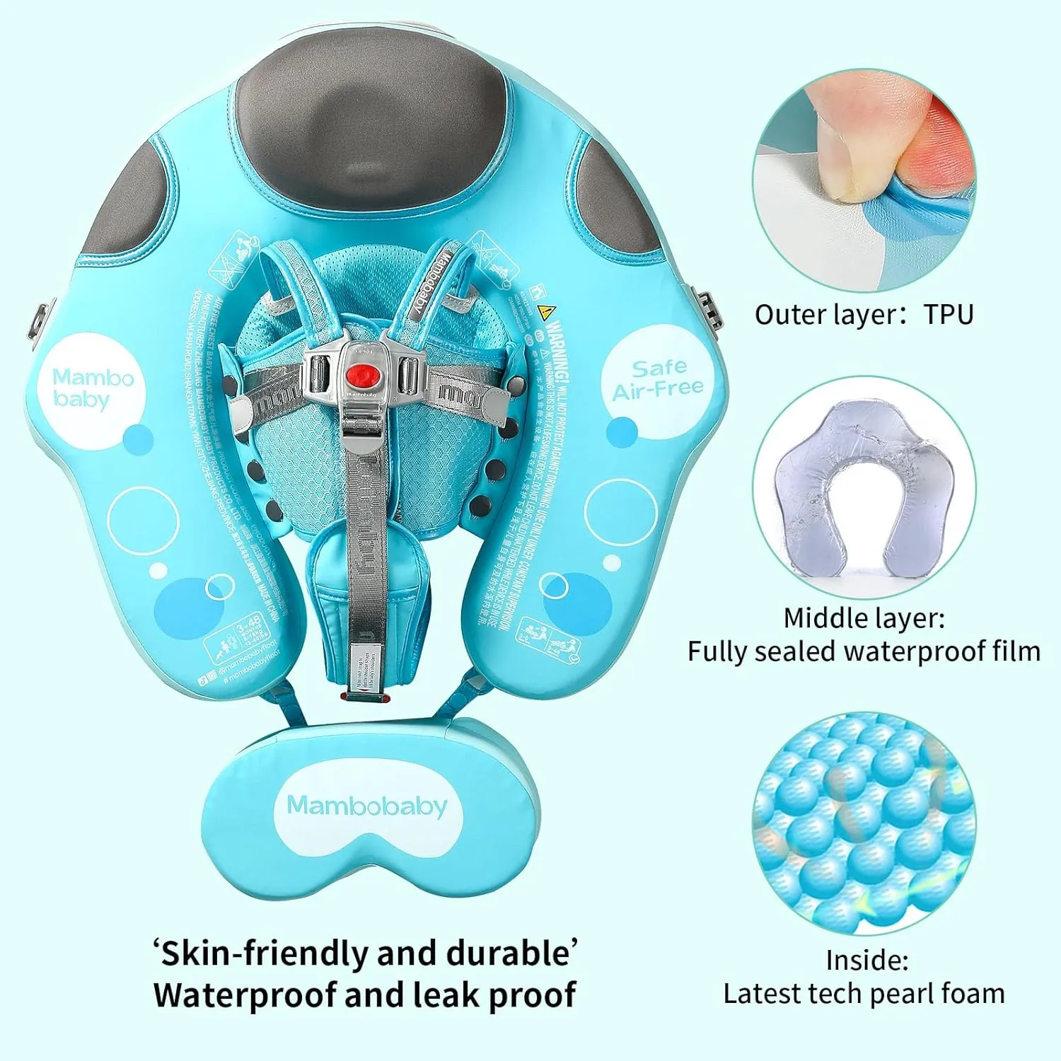 Mambobaby Float with Canopy and Tail New Upgraded Non-Inflatable Baby Pool Float Mambo Float Swim Trainer Solid Infant Swim Float Adjustable Pearl Foam Baby Swim Ring