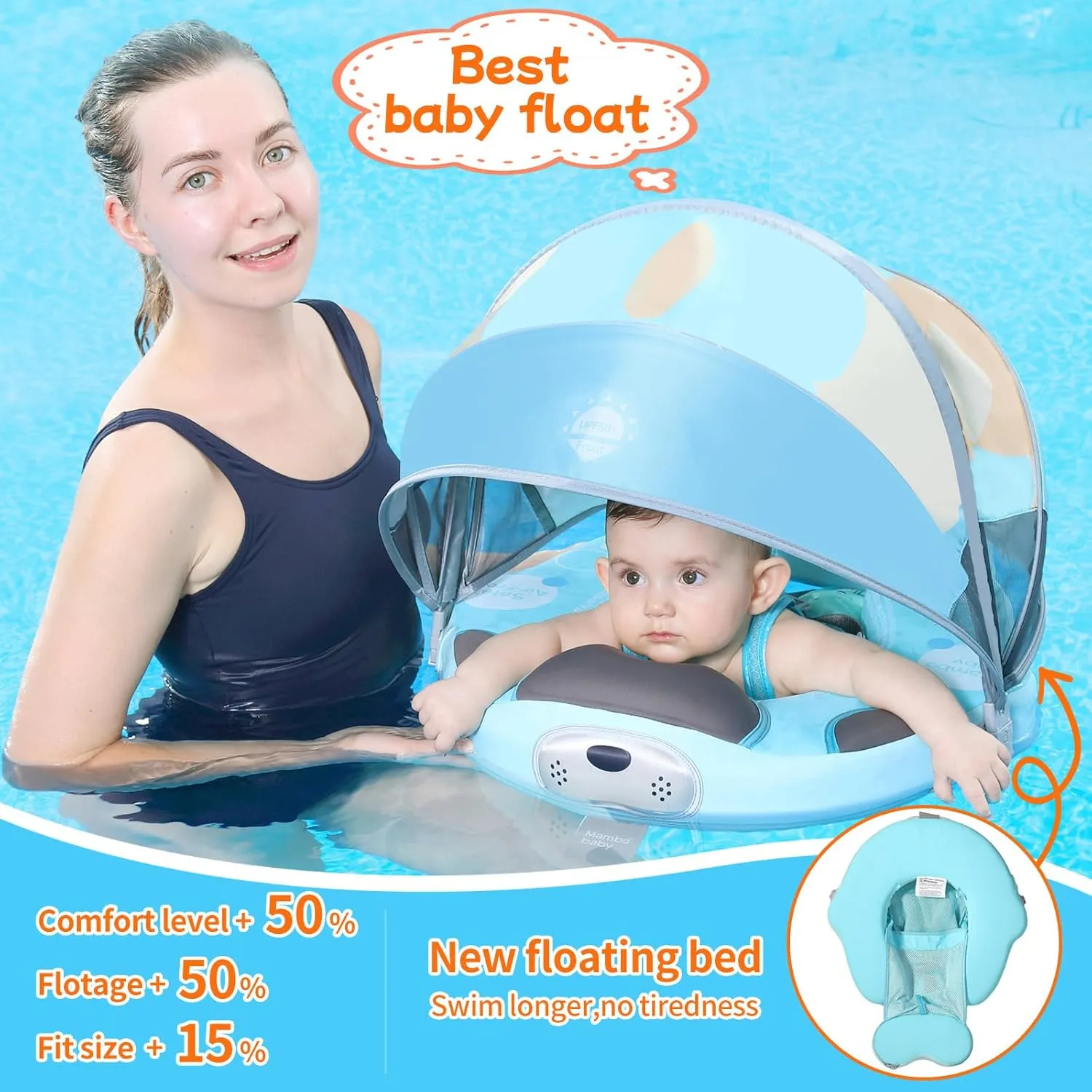 Mambobaby Float with Canopy and Tail New Upgraded Non-Inflatable Baby Pool Float Mambo Float Swim Trainer Solid Infant Swim Float Adjustable Pearl Foam Baby Swim Ring