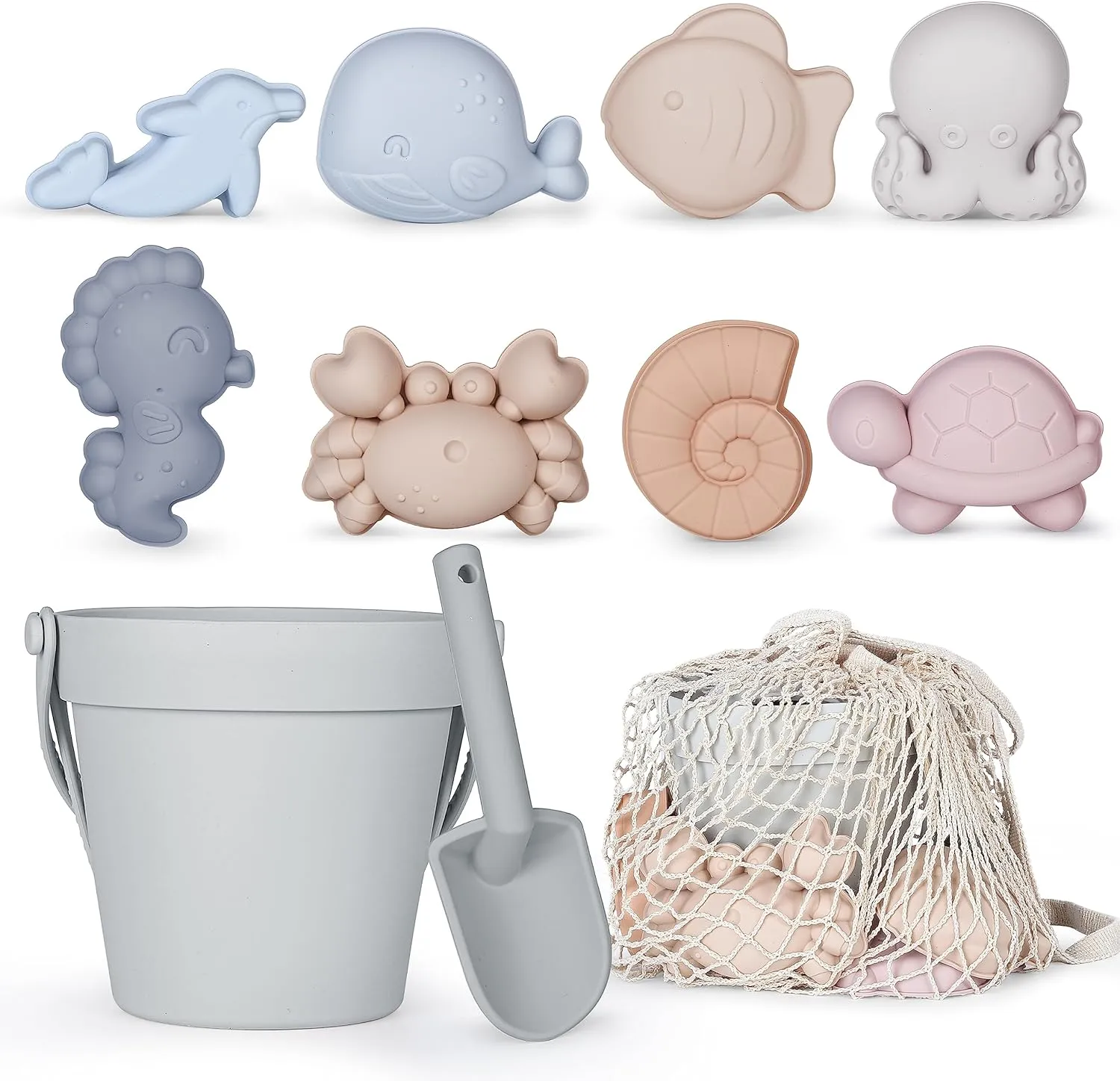 MarcZero 11Pcs Silicone Beach Toys Set - Travel Friendly With Bucket, Shovel, 8 Sand Molds, Bag - Modern Baby Sand Toys for Toddlers, Kids (Gray)