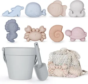 MarcZero 11Pcs Silicone Beach Toys Set - Travel Friendly With Bucket, Shovel, 8 Sand Molds, Bag - Modern Baby Sand Toys for Toddlers, Kids (Gray)