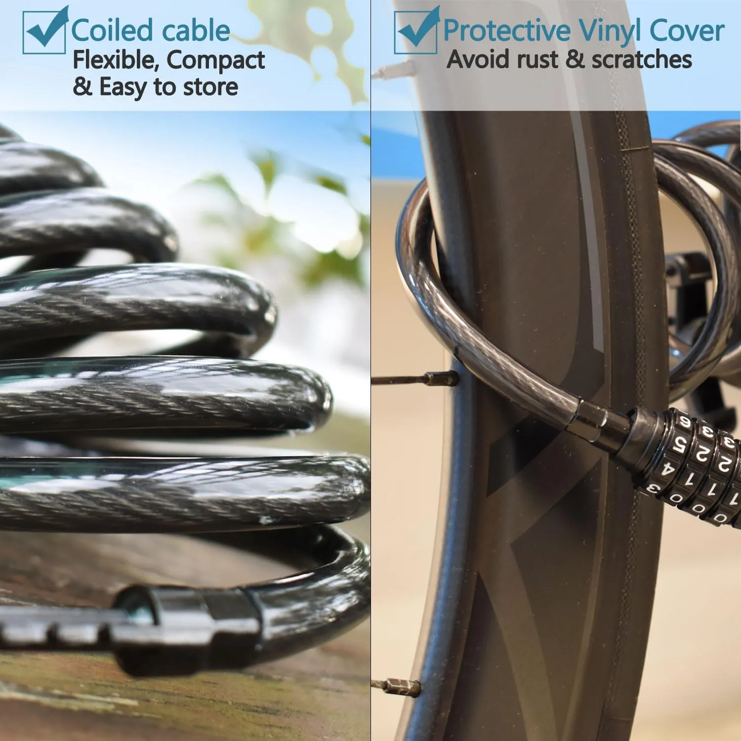 MARQUE Combination Bike Lock Cable- 3/8 inch (5FT, 10FT, 15FT, 25FT) Resettable Combination Lock, Anti-Theft Coiled Secutiry Cable for Bicycles, Kayaks, Paddle Boards, Gates and Outdoor Gear (15 FT)