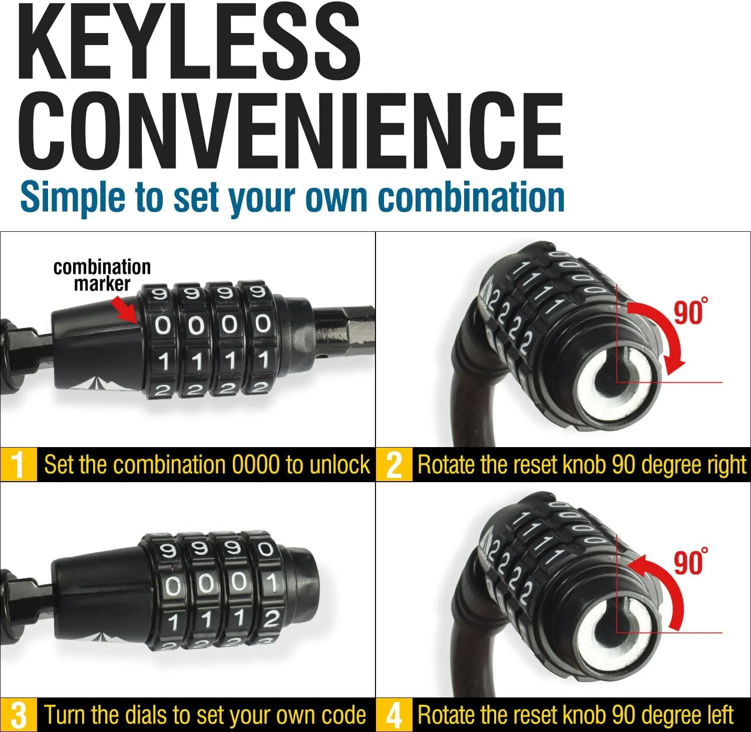 MARQUE Straight Combination Bike Lock Cable - 3/8 inch (5FT, 10FT, 15FT, 25FT) Resettable Combination Lock, Anti-Theft Security Cable for Bicycles, Kayaks, Paddle Boards and Outdoor Gear (10 FT)