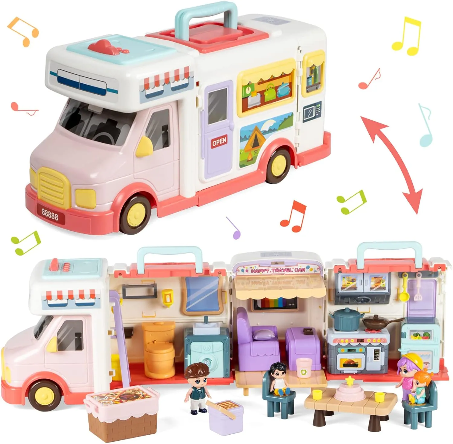 Marstone Doll House Toys for Girls 3 4 5 6 7 8  Year Old, Transformable Dream Camper House with Little People, Pretend Play RV Set Dollhouse Inertia Vehicle with Sound and Music for Birthday Gifts 3 