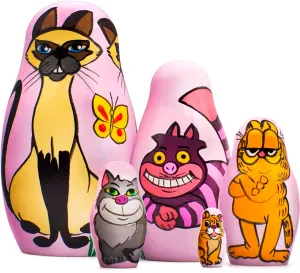 Matryoshkas Cats from Cartoons Set 5 pcs Unique Wooden Figurines