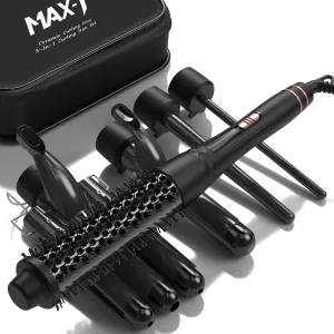 MAX-T 5 in 1 Curling Iron Set, Dual Voltage Curling Wand with Travel Bag, 3 Barrel Interchangeable Hair Crimper Iron with Thermal Brush (0.35"-1.25") for All Hair Types