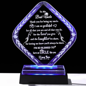 Meaningful Crystal Gifts for Uncle From Niece Nephew I Love You Personalised Glass Statue Plaque with LED Light Base Presents for Best Uncle Birthday Christmas Keepsakes for Him Table Decor