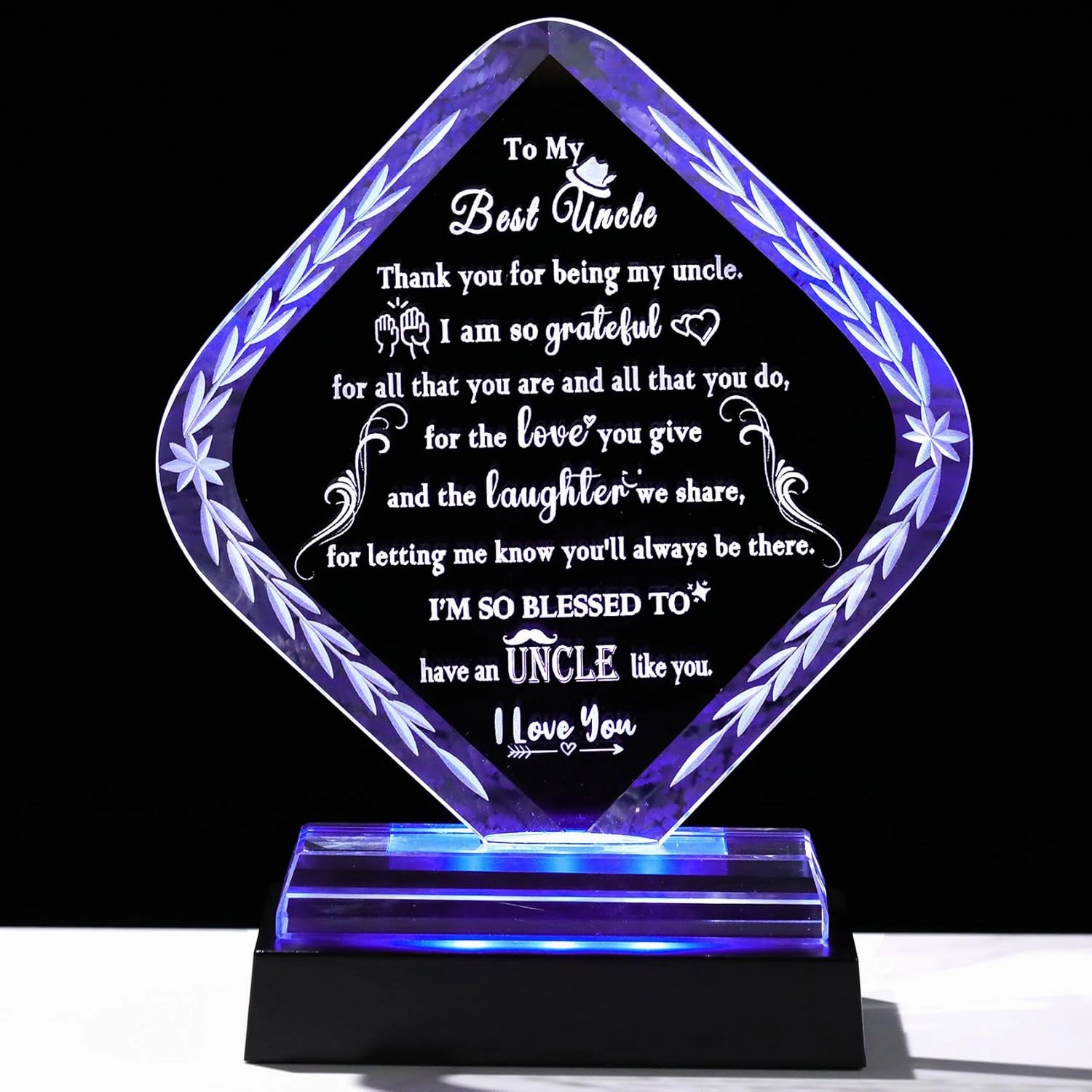 Meaningful Crystal Gifts for Uncle From Niece Nephew I Love You Personalised Glass Statue Plaque with LED Light Base Presents for Best Uncle Birthday Christmas Keepsakes for Him Table Decor