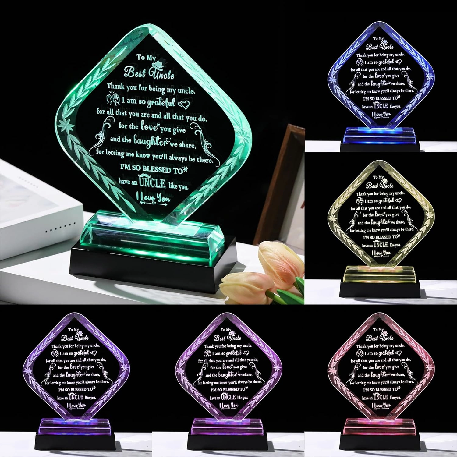 Meaningful Crystal Gifts for Uncle From Niece Nephew I Love You Personalised Glass Statue Plaque with LED Light Base Presents for Best Uncle Birthday Christmas Keepsakes for Him Table Decor