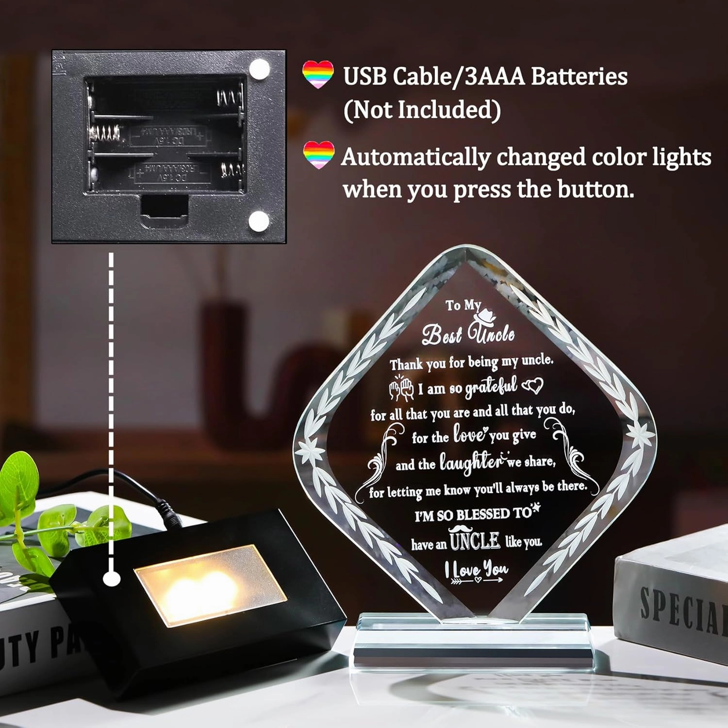 Meaningful Crystal Gifts for Uncle From Niece Nephew I Love You Personalised Glass Statue Plaque with LED Light Base Presents for Best Uncle Birthday Christmas Keepsakes for Him Table Decor