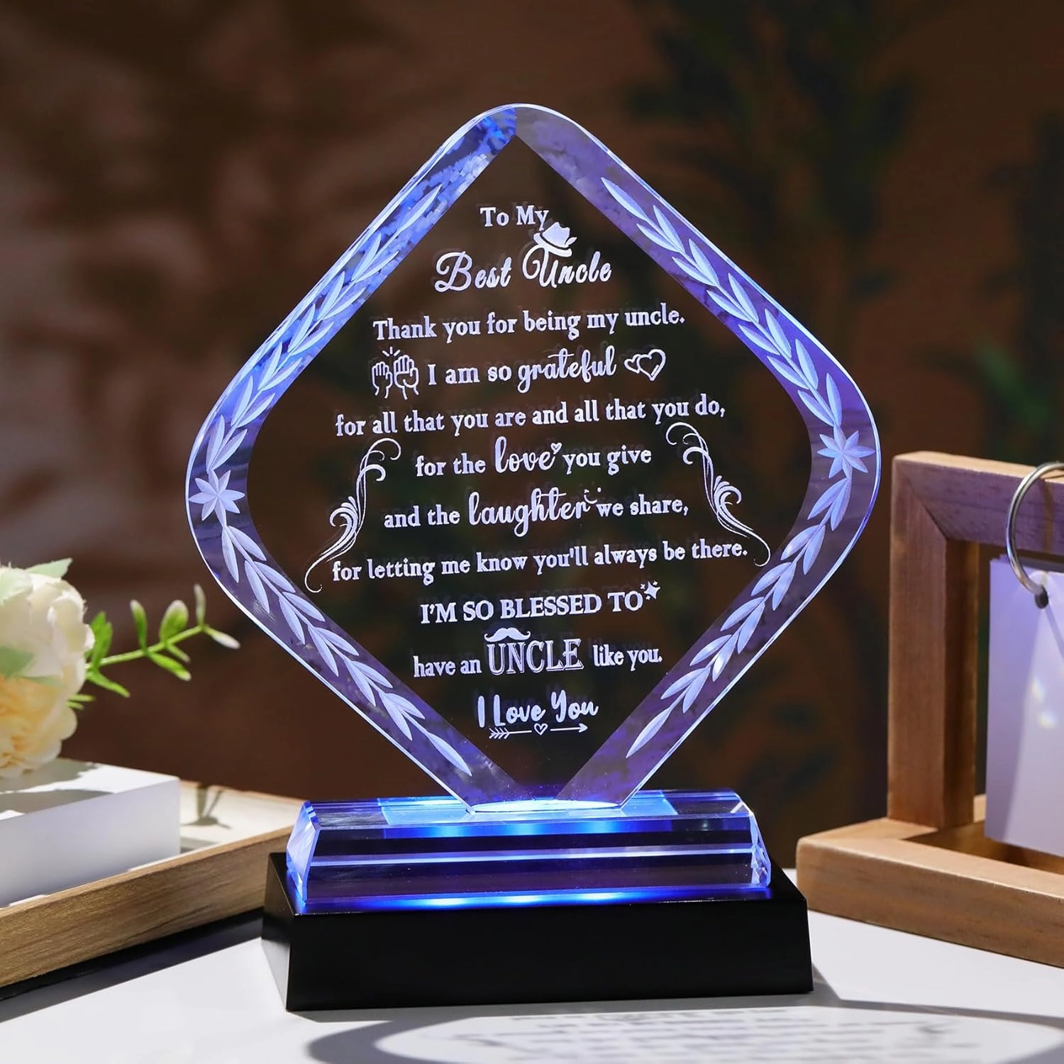 Meaningful Crystal Gifts for Uncle From Niece Nephew I Love You Personalised Glass Statue Plaque with LED Light Base Presents for Best Uncle Birthday Christmas Keepsakes for Him Table Decor