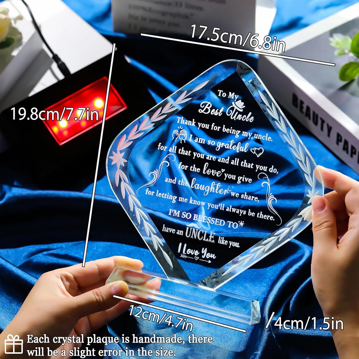 Meaningful Crystal Gifts for Uncle From Niece Nephew I Love You Personalised Glass Statue Plaque with LED Light Base Presents for Best Uncle Birthday Christmas Keepsakes for Him Table Decor