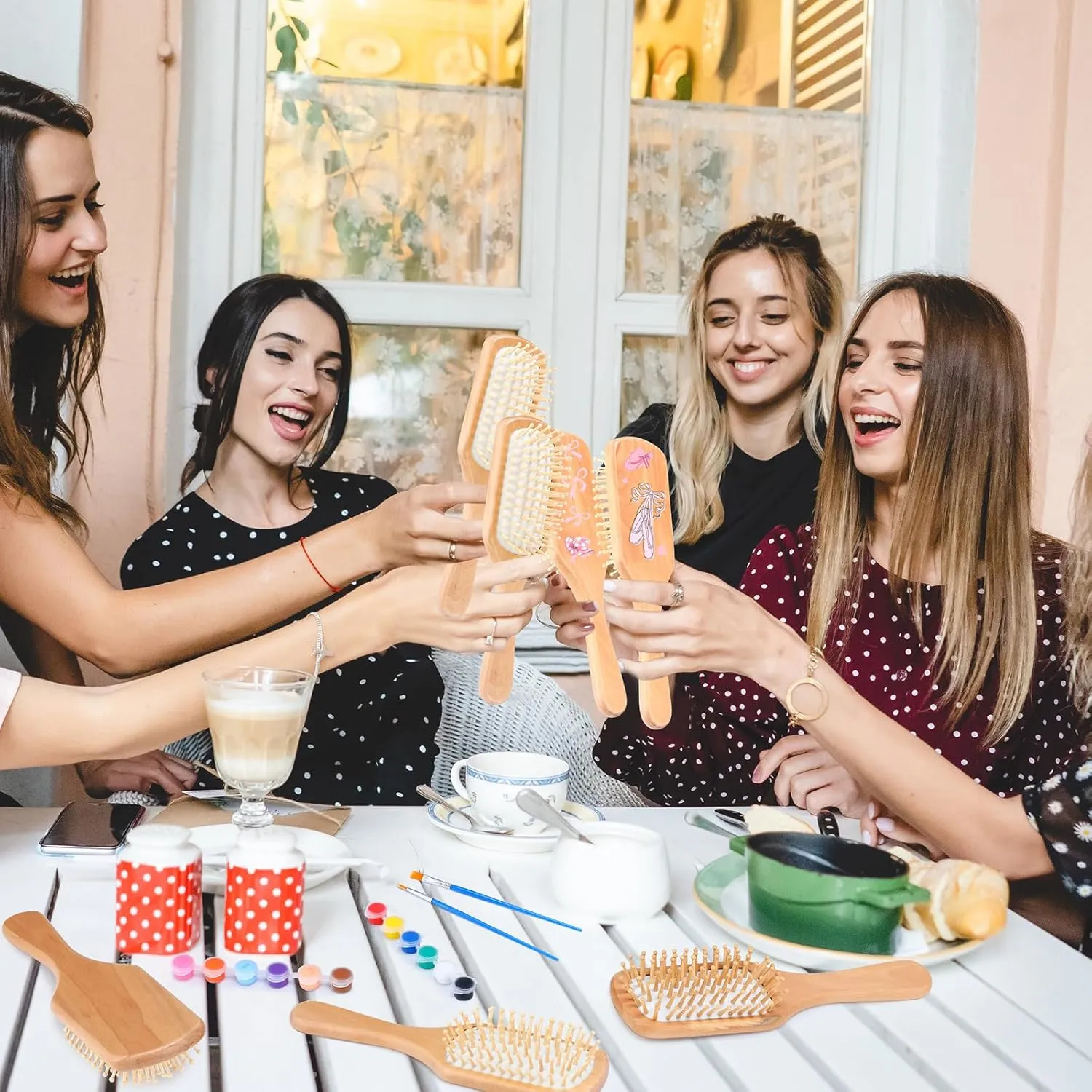 Meanplan 6 Set DIY Wooden Hairbrush Painting Kits Make Your Own Hair Brush Girls Hand-painted Hairbrush Night Party Supplies with Paint Brush and Palette for DIY Gift Party Crafts