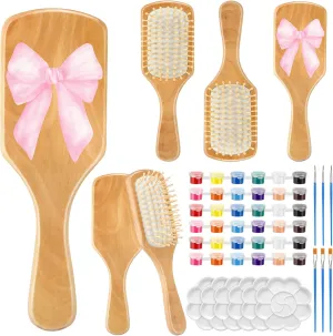 Meanplan 6 Set DIY Wooden Hairbrush Painting Kits Make Your Own Hair Brush Girls Hand-painted Hairbrush Night Party Supplies with Paint Brush and Palette for DIY Gift Party Crafts