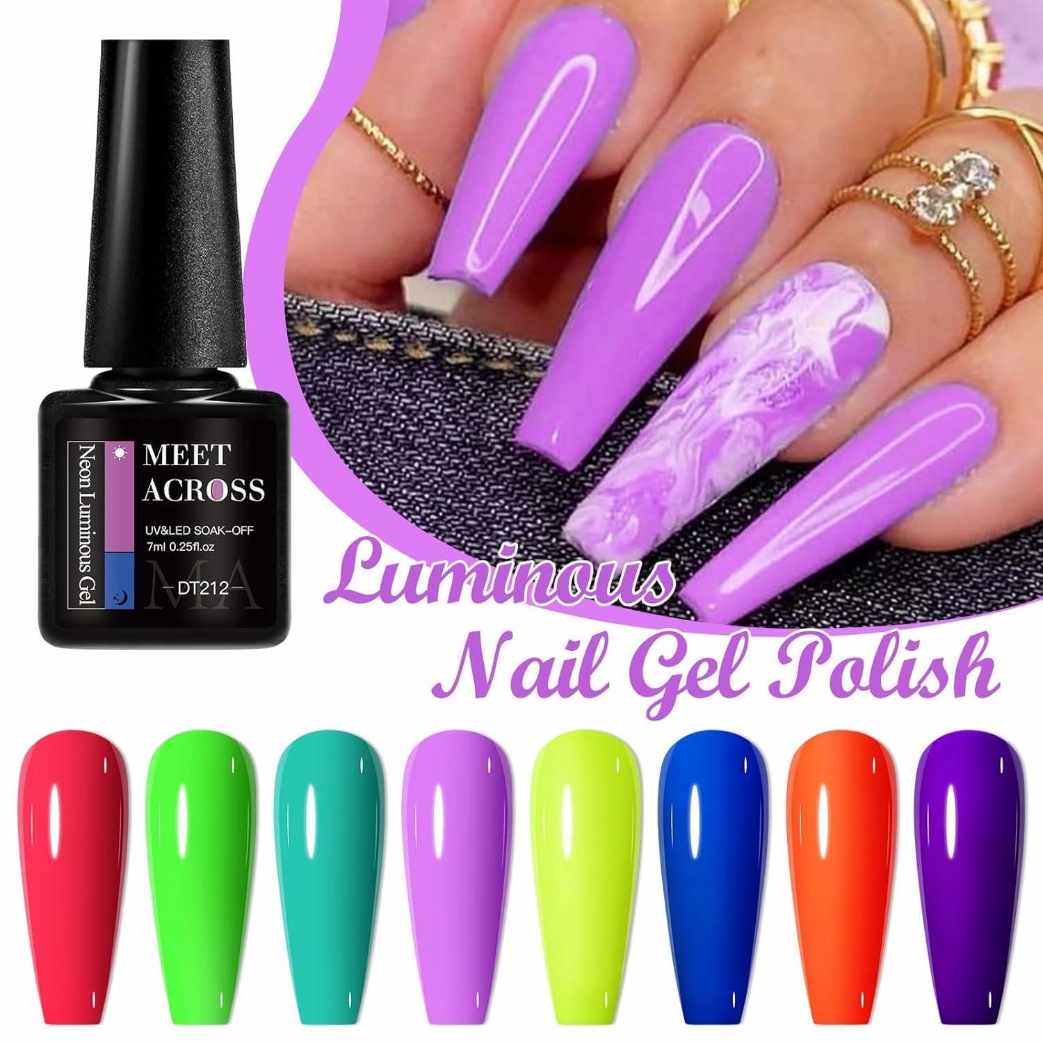 MEET ACROSS Glow in the Dark Gel Nail Polish Set, 12 Pcs Halloween Neon Hot Pink Yellow Orange Bright Luminous Gel Polish Set Fluorescent Glow in Dark Effect Soak Off Nail Polish Kit for Party Nails