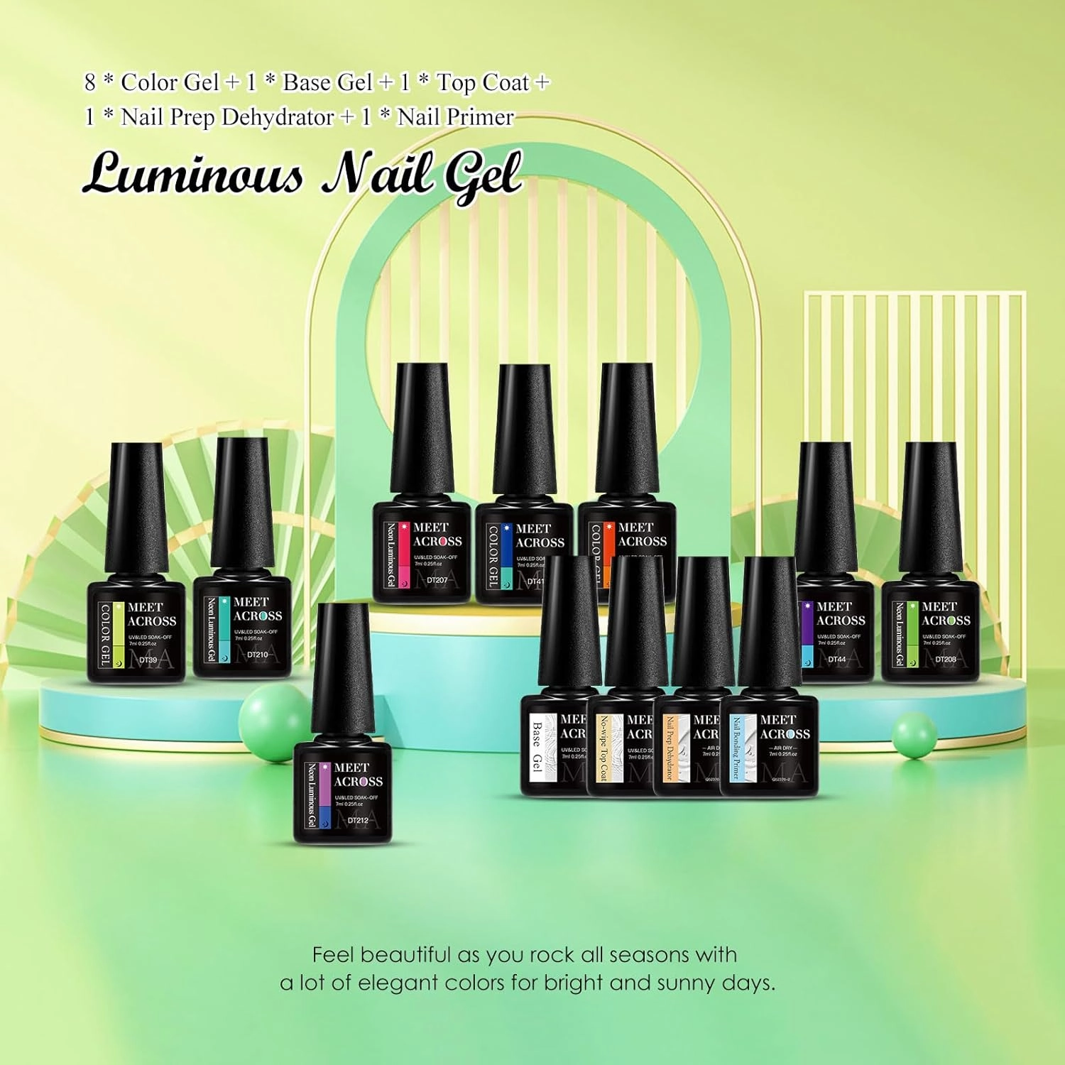MEET ACROSS Glow in the Dark Gel Nail Polish Set, 12 Pcs Halloween Neon Hot Pink Yellow Orange Bright Luminous Gel Polish Set Fluorescent Glow in Dark Effect Soak Off Nail Polish Kit for Party Nails