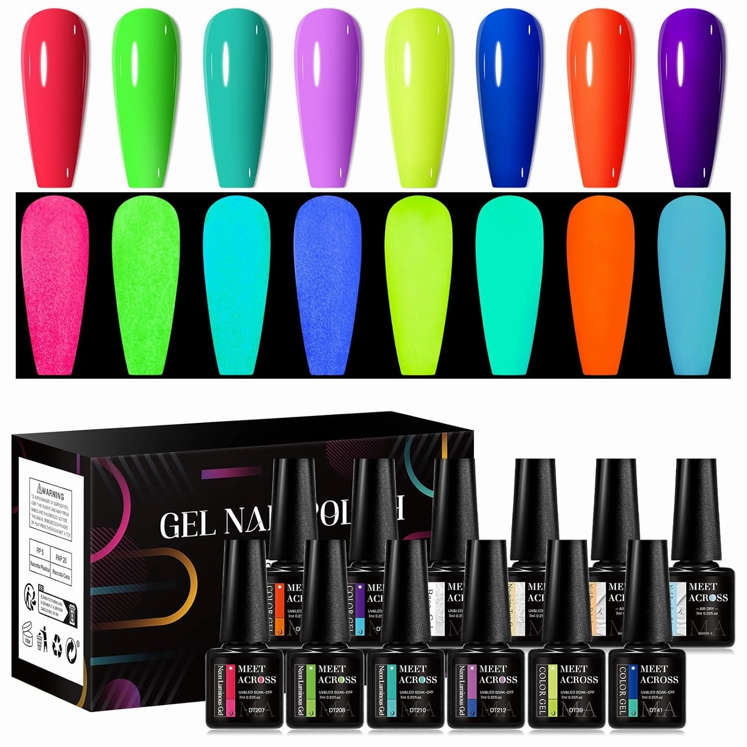 MEET ACROSS Glow in the Dark Gel Nail Polish Set, 12 Pcs Halloween Neon Hot Pink Yellow Orange Bright Luminous Gel Polish Set Fluorescent Glow in Dark Effect Soak Off Nail Polish Kit for Party Nails